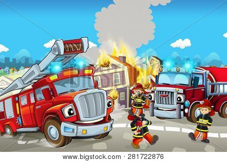 Cartoon Stage With Fireman And Fire Truck Near Burning Building Colorful Scene - Illustration For Ch
