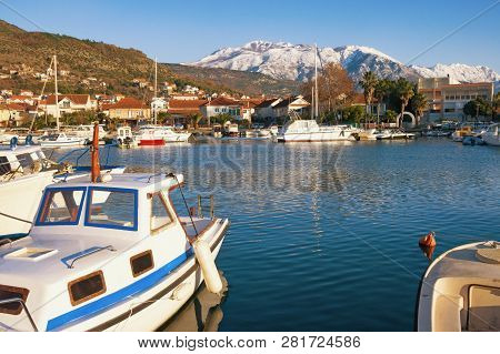 Picturesque Winter Landscape With Small Marina For Fishing Boats.  Montenegro, Bay Of Kotor. View Of
