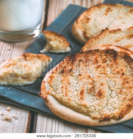 Traditional Russian Pasties Shanga - Opened Circle Pie With Mashed Potatoes. Carols Cheesecake With 