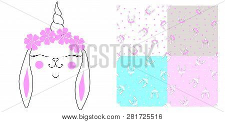 Hare White Rabbit Hares Patterns Set Pink Flowers
