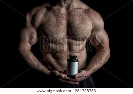 Handsome Macho Man Or Sexy Muscular Guy With Athlete Body And Torso Holds Plastic Jar Or Container W