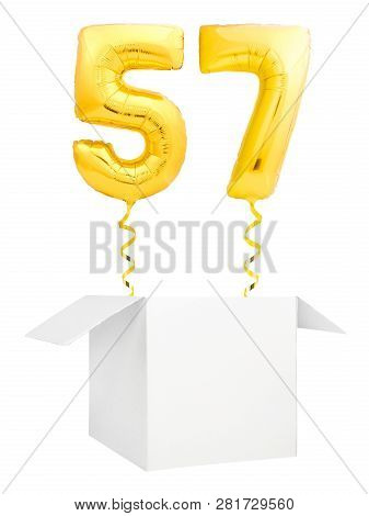 Golden Number Fifty Seven Inflatable Balloon With Golden Ribbon Flying Out Of Blank White Box Isolat