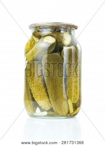 Pickled Cucumbers Isolated. Pickles In Glass Jar Isolated On White Background. Salted Cucumber In Ja