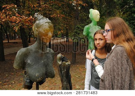 The Girls Are Viewing The Modern Sculpture In The Park, Kropyvnytskyi, Ukraine, September 1, 2017