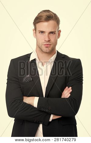 White Collar Worker. Man Well Groomed Unbuttoned White Collar Elegant Formal Suit Isolated White Bac