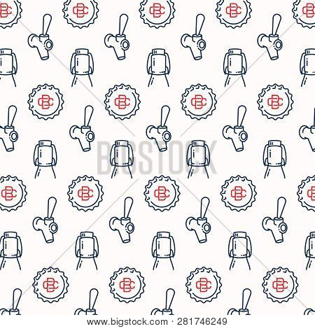 Growler Bottle, Cap And Beer Tap Icons Pattern. Retro Style Beer Background