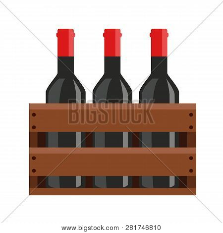 Wine Bottles In A Wooden Crate Isolated On White Background. Bottles Of Wine In Box. Vector Stock