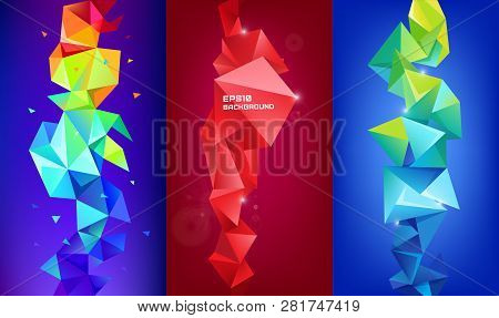 Vector Set Of 3d Geometric Shapes. Facet Vertical Banners, Posters. Trinagle Multicolot Concept