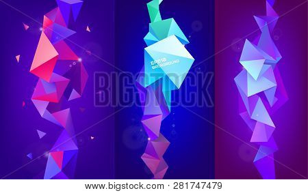 Vector Set Of 3d Geometric Shapes. Facet Vertical Banners, Posters. Trinagle Multicolot Concept
