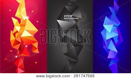 Vector Set Of 3d Geometric Shapes. Facet Vertical Banners, Posters. Trinagle Multicolot Concept