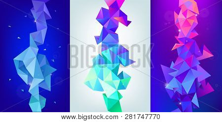 Vector Set Of 3d Geometric Shapes. Facet Vertical Banners, Posters. Trinagle Multicolot Concept
