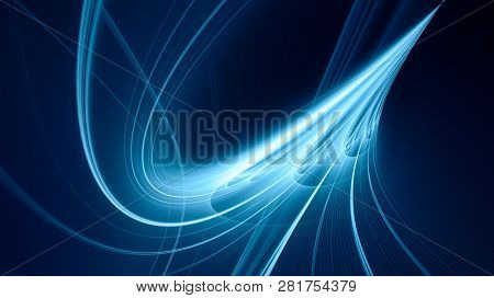 Abstract blue background element on black. Fractal graphics. Composition of glowing lines and mption blur traces. Movement and innovation concept.