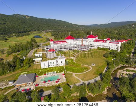 Aerial view of Mount Washington Hotel in summer in Bretton Woods, New Hampshire, USA. This Hotel hosted the Bretton Woods monetary conference in 1944.