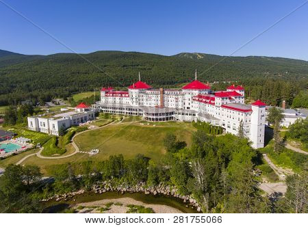 Aerial view of Mount Washington Hotel in summer in Bretton Woods, New Hampshire, USA. This Hotel hosted the Bretton Woods monetary conference in 1944.