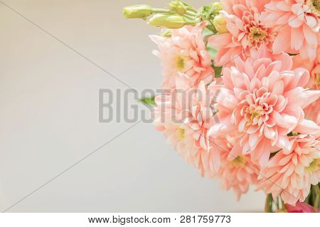 Pink Orange Chrysanthemum Flower.bouquet Seen From Above. Carnation, Chrysanthemum And Limonium Flow