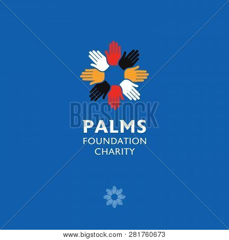 Handbreadth Symbol. Foundation Charity Logo. Multicolored Hand Palms Like A Sun With Rays. Friendshi