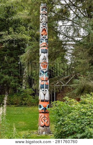 Ketchikan, Alaska - September 30, 2017: Land Otter Totem Pole At Totem Bight State Historical Park. 