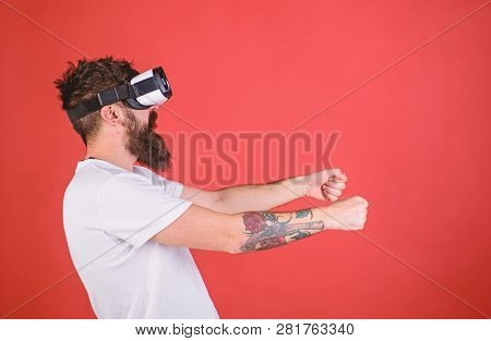 Hipster On Concentrated Face Driving Car On High Speed In Virtual Reality. Man With Beard In Vr Glas