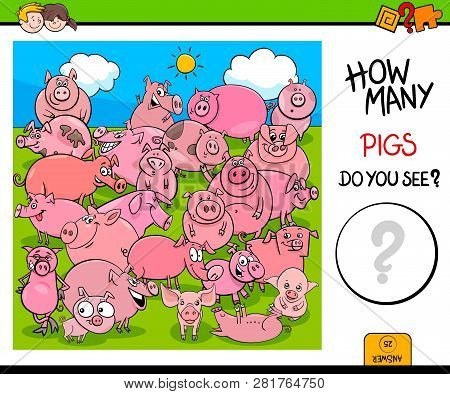 Cartoon Illustration Of Educational Counting Activity Game With Pigs Farm Animal Characters