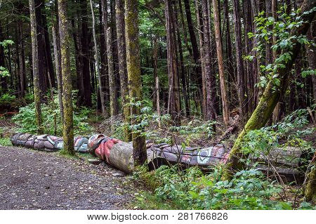 Ketchikan, Alaska - September 30 2017: Totem Poles Laying On The Ground, To Be Restored At The Totem