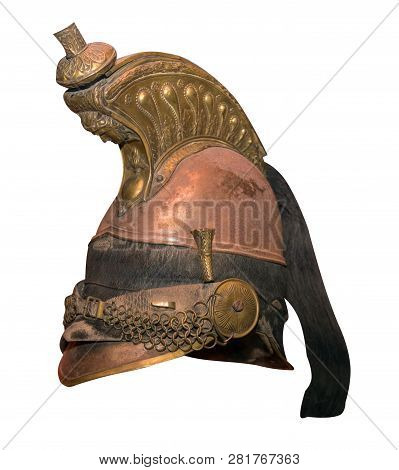 Roman Centurion Helmet Isolated On White Background. Vintage Roman Centurion Helmet .
