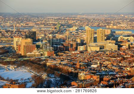 Boston Downtown West End District And Leonard P. Zakim Bunker Hill Memorial Bridge Aerial View At Su