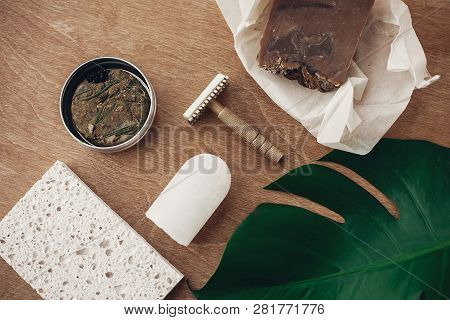 Zero Waste Flat Lay. Natural Soap, Solid Shampoo In Metal Tin, Reusable Razor, Crystal Eco Deodorant