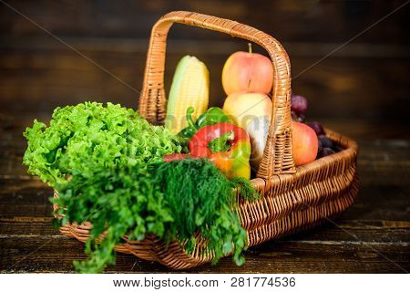 Excellent Quality Vegetables. Box Or Basket Harvest Vegetables Wooden Background. Buy Fresh Homegrow