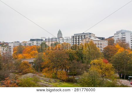 Helsinki, Finland. Kallio District Cityscape At Autumn.