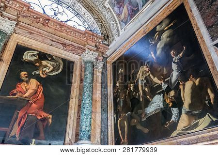 Rome, Italy - March 22, 2018: Church Of St. Louis Of The French,  Contarelli Chapel Contains A Cycle