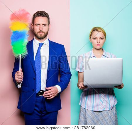 Househusband And Female Boss. Businessman And Housewife. Family Couple. Husband Stand With Dust Brus