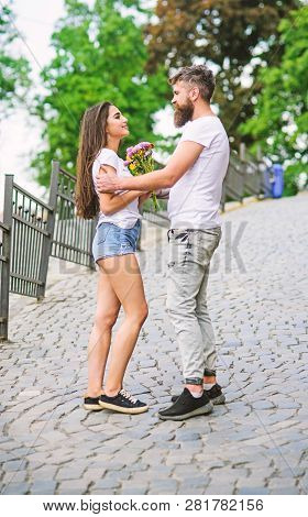 Guy Prepared Surprise Bouquet For Girlfriend. Romantic Date Walk. Gentlemans Manners. Man Gives Flow