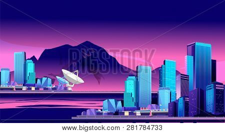 Vector Horizontal Illustration, Coastal City, Resort On The Background Of Mountains And Night Sky, C