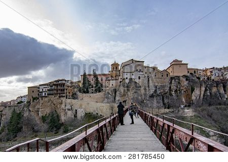 Cuenca , Spain; February 2017:  This View Shows The Hanging Houses Perched On The Cliffside And Brid