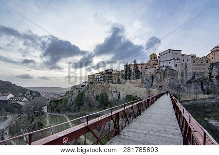 Cuenca , Spain; February 2017:  This View Shows The Hanging Houses Perched On The Cliffside And Brid