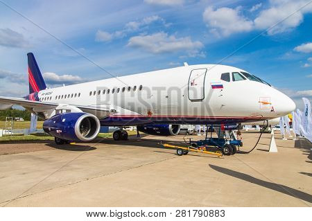 Zhukovskiy, Russia - August 28, 2015: Sukhoi Superjet 100 Vip Configuration  Ra-89053 Rusjet At The 