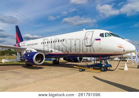 Zhukovskiy, Russia - August 28, 2015: Sukhoi Superjet 100 Vip Configuration  Ra-89053 Rusjet At The 
