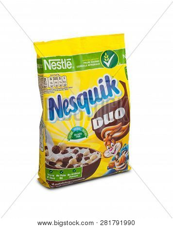 Chisinau, Moldova - February 2, 2019: Nestle Nesquik Breakfast Cereal For Breakfast. Isolated On Whi