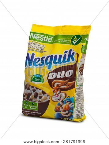 Chisinau, Moldova - February 2, 2019: Nestle Nesquik Breakfast Cereal For Breakfast. Isolated On Whi
