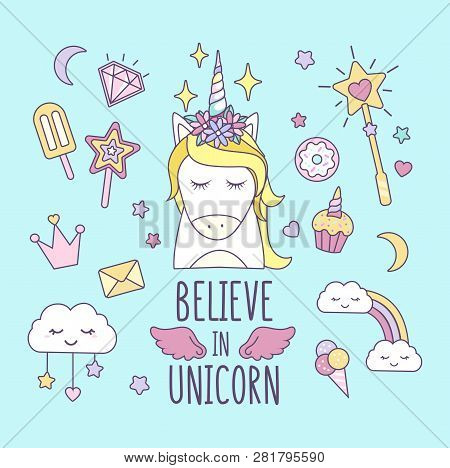 Set Of Unicorn Party Elements. Cake, Cupcake, Unicorns,balloons, Ice-cream, Crown. Vector Illustrati