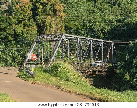 Famous Steel Girder Bridge On The Road To Hanalei From Princeville In Kauai