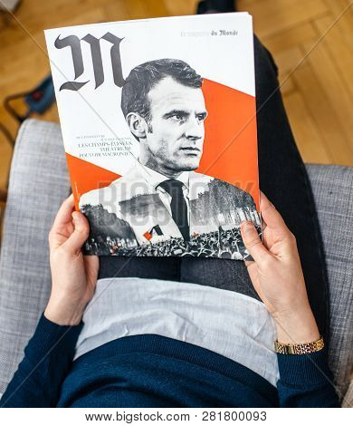 Paris, France - Jan 2, 2019: Woman Reading M Le Magazine Du Monde With Controversial Cover Featuring