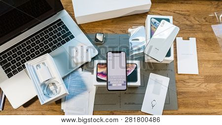 Paris, France - September 21, 2018: Apple Fan Boy Unboxing Latest New Apple Iphone Xs Max And Xs Fla
