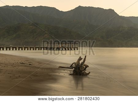 Sunrise Lights Driftwood On Hanalei Bay With The Na Pali Coast In The Background Near Hanalei, Kauai