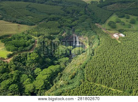 Aerial View Of Opaekaa Falls On Hawaiian Island Of Kauai From Helicopter Flight