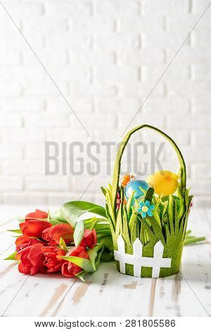 Easter Composition With Flowers On White Background