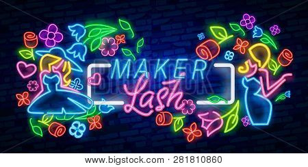 Lash Maker Lettering Logo Design. Lash Maker Neon Sign Vector. Calligraphy Phrase For Lash Makers Lo
