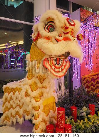 Tangerang, Indonesia - February 1, 2019: Chinese Lion Mask (indonesian: Barongsai) For Chinese New Y