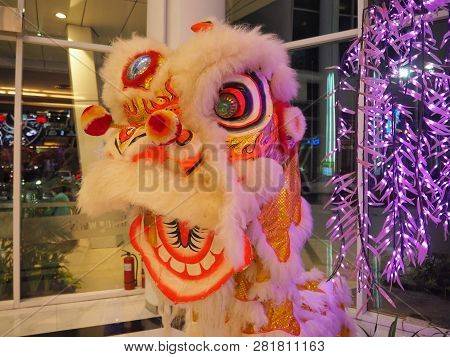 Tangerang, Indonesia - February 1, 2019: Chinese Lion Mask (indonesian: Barongsai) For Chinese New Y
