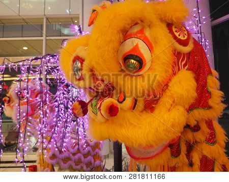 Tangerang, Indonesia - February 1, 2019: Chinese Lion Mask (indonesian: Barongsai) For Chinese New Y